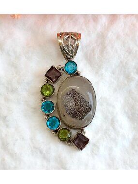 Druzy Quartz, Peridot, Amethyst, Blue Topaz Vintage Sterling Silver 925 Pendant